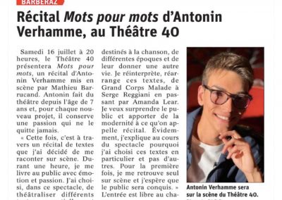 Article du Dauphiné Libéré avant le récital d'Antonin Verhamme mots pour mots à Barberaz